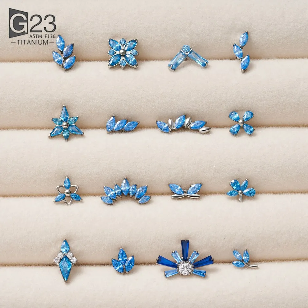 G23 Titanium Labret Stud Internally Thread 16G CZ Blue Zircon Flat Back Tragus Helix Cartilage Earring Body Piercing Jewelry