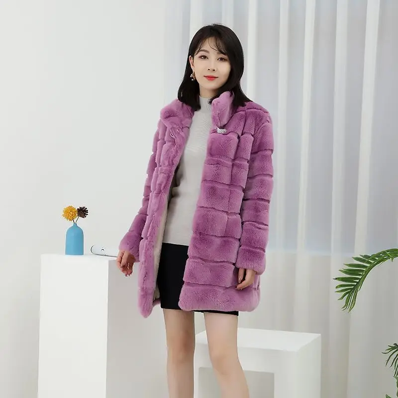 New Rabbit Fur Coat for Women's Mid To Long Length, Thickened Fur Integrated Fashion Temperament Stand Up Collar Coat