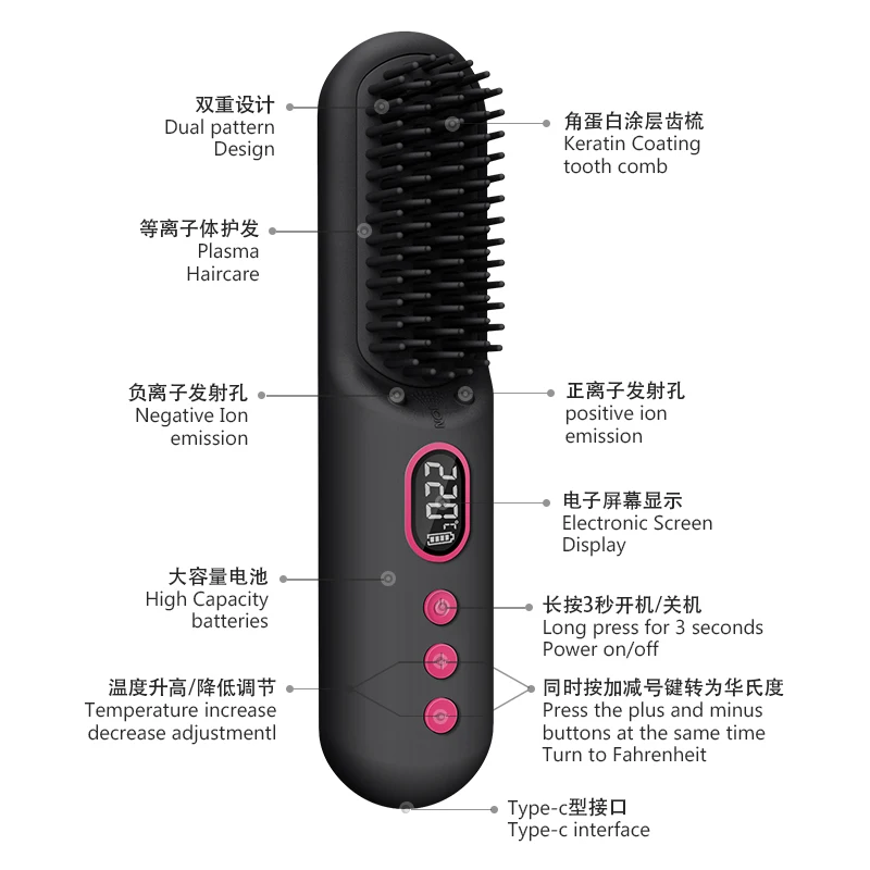 Good Quality Portable Wireless Hair Straightener Comb LCD Temperature Display Bristle Plasma Ion Technology Battery for Hotel