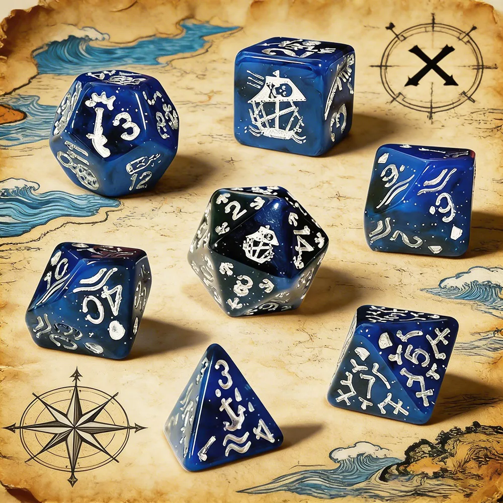 7Pcs/Set Pirate Nautical Themed Dice Set, Blue Marbled Acrylic Polyhedral DND Dice with Silver Engraving for TTRPG Board Games
