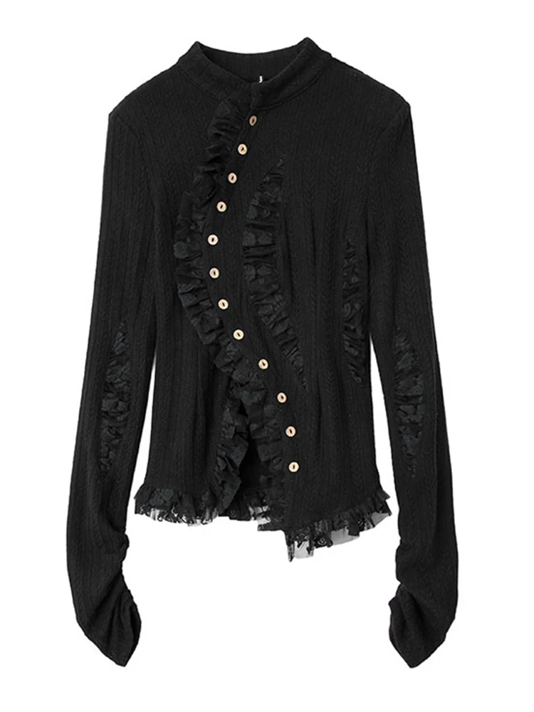 [EAM] Black Lace Irregular Knitting Cardigan Sweater Stand Collar Long Sleeve Women New Fashion Tide Spring Autumn 2024 1DF5704