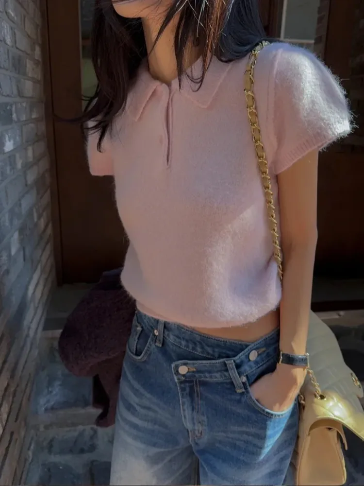 Ele Sweet Collar ort Sve Knitted Sweater Women's Spring Faion Item Design Knitwear Suitable for Various Ocns