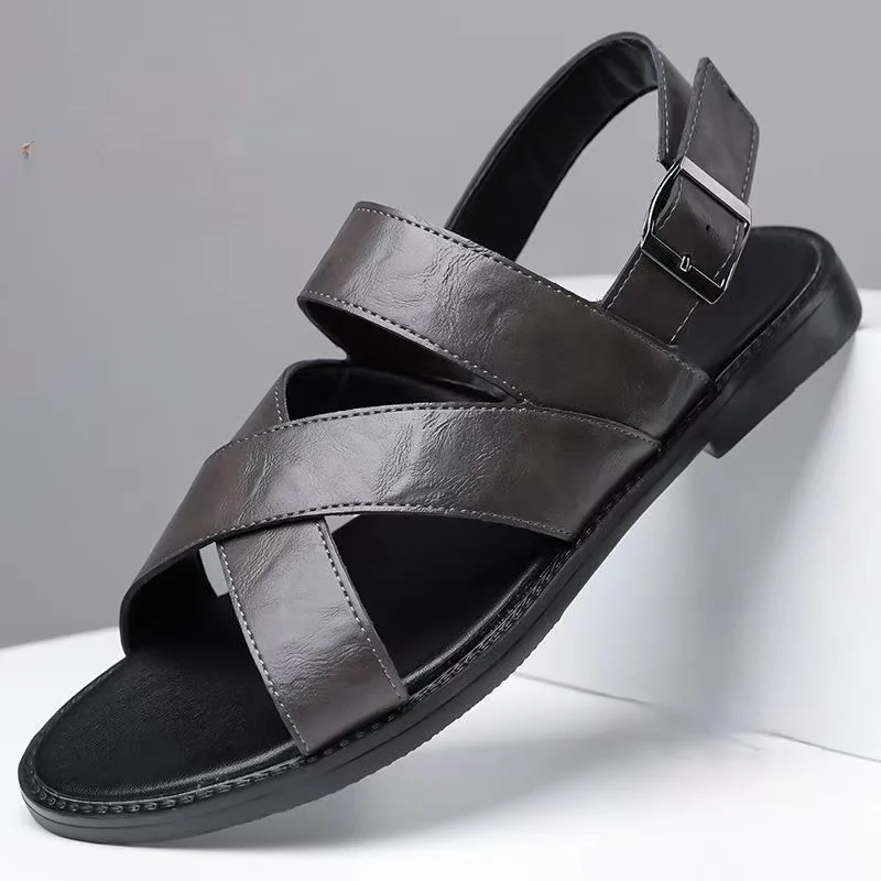 Men Summer New Big Size Real Leather Sandals Soft sole Open Toe Hollow Flat Sole Buckle Strap Fashionable Beach Sandals