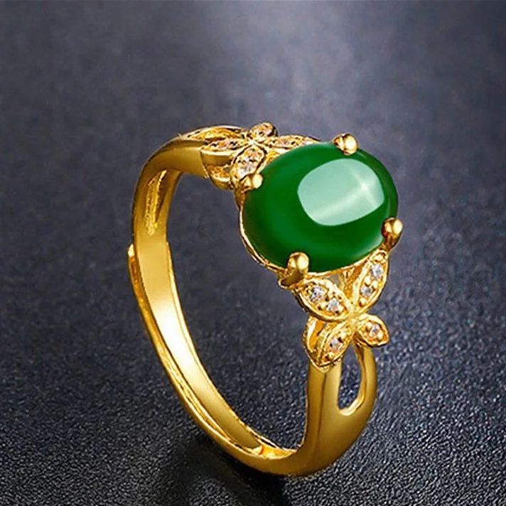 Simple Inlaid Imitation Hetian Jade Ring Female Retro Adjustable