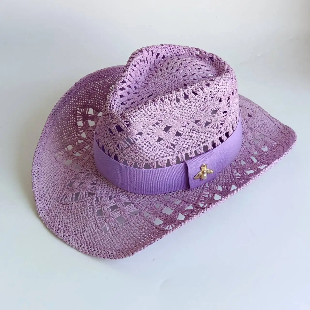 White Cowboy straw hat  hollow handmade Metal fittings for elastic webbing outdoor travel beach hat unisex  western cowboy hat