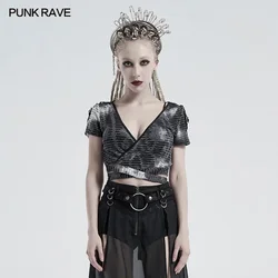 PUNKRAVE t-shirt manica corta con scollo a V grande croce Sexy Punk da donna Micro-elastico per maglieria donna top gotici