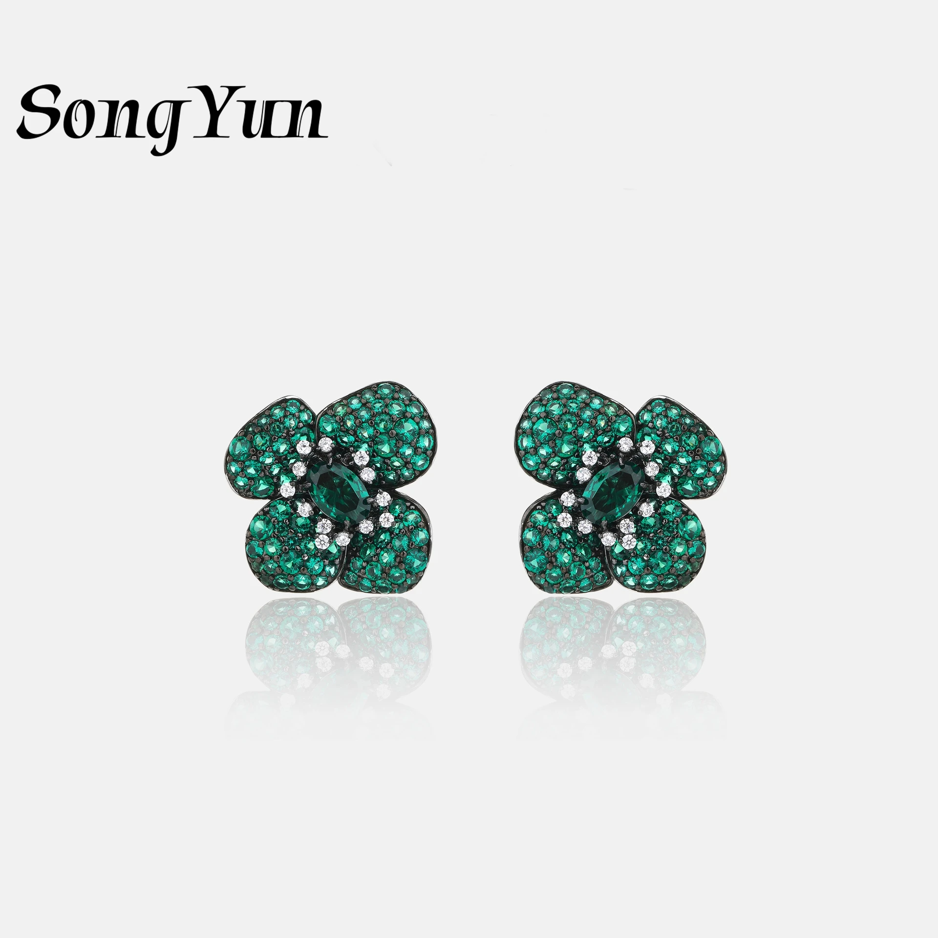 SongYun Jewelry 925 Sterling Silver Earrings Stud Women High Carbon Diamond Emerald s925 Silver Flower Stud Earrings Accessories