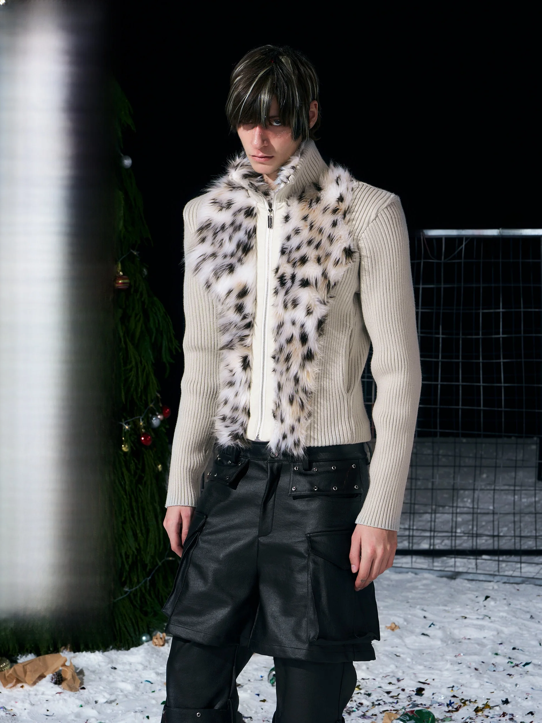 

Faux Fur Patchwork Knitted Sweater Coat Men's Winter Inner Fce Stand Collar Men Open Cardigan Stripes Sweater