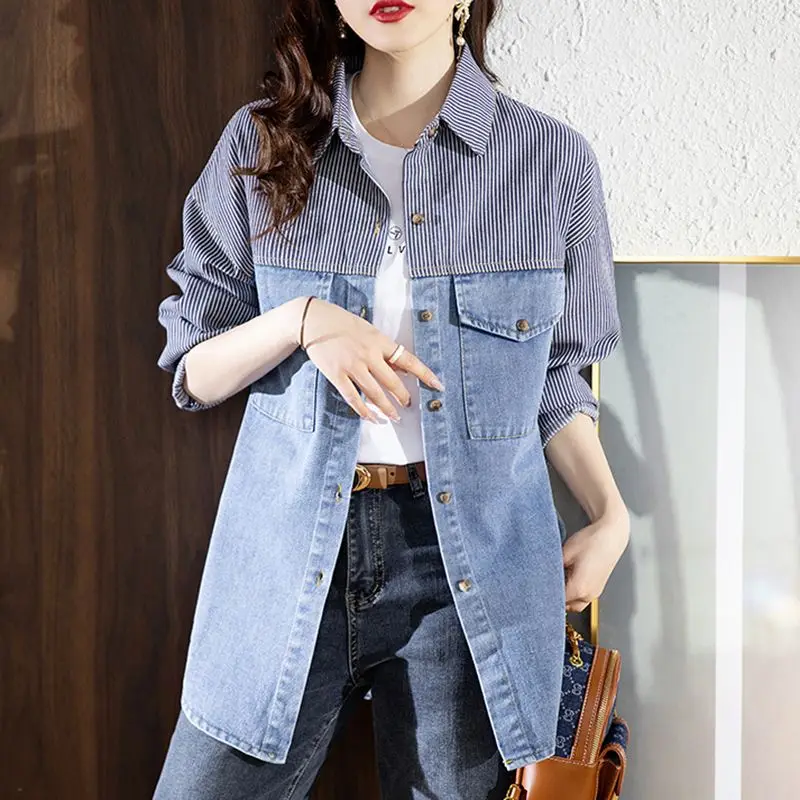 Fashion Lapel Pockets Spliced Striped Shirts Women's Clothing 2023 Autumn Winter Oversized Casual Tops Commuter Blouses