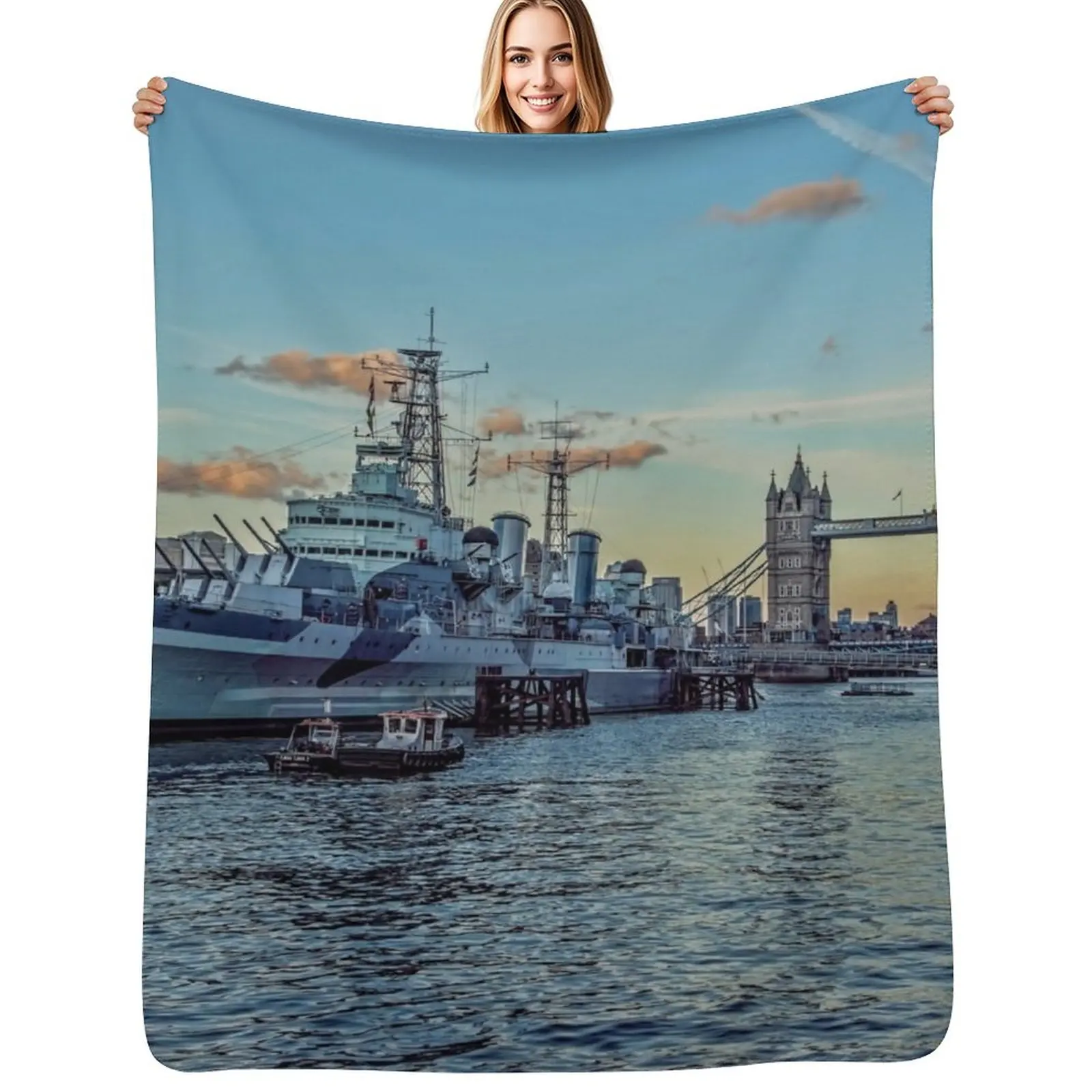 #321 HMS Belfast and Tower bridge in London Throw Blanket Decorative Beds For Baby Bed Fashionable Flannel Retros Hairy Blankets