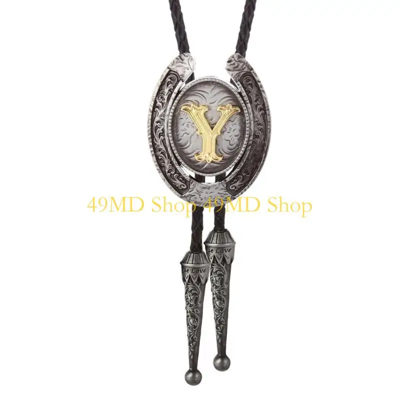 49MD Metal Initial Letter Western Cowboy Bolo Tie for Men Women Faux Leather Rope Necktie Adjustable Shirt Collar Necklace