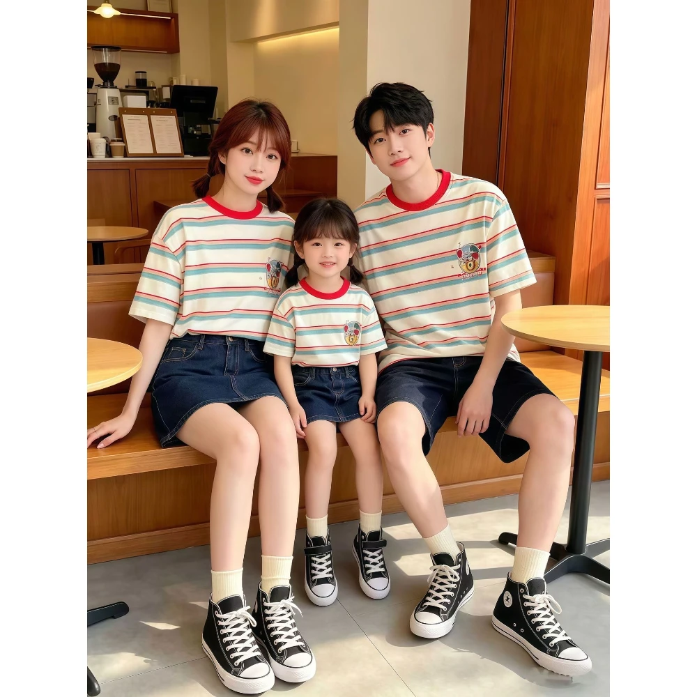 Family Cotton Tee Shirts 2026 Summer Parent-child Clothing Father Mother and Daughter Son Cotton Short Sleeve T Shirts Striped