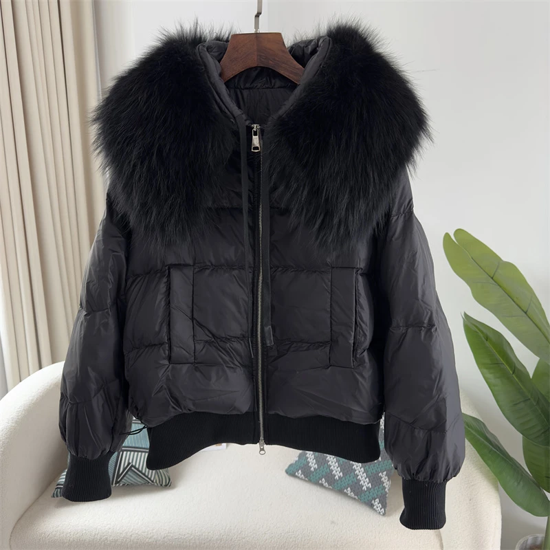 2023 New Thick Warm Duck Down Coat Natural Real Big Raccoon Fur Collar Winter Jacket Women Loose Outerwear Streetwear Luxury