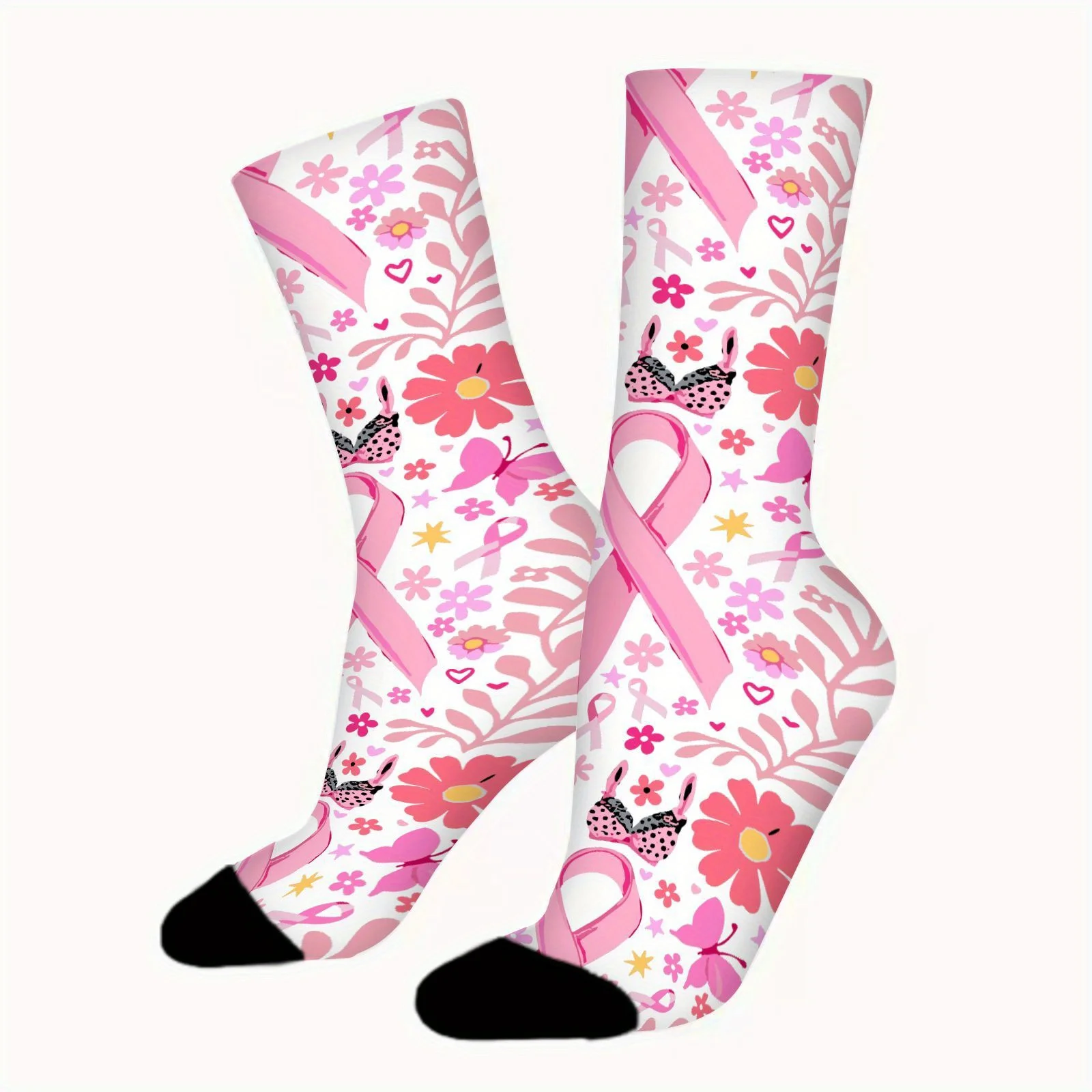 Women'S Breast Cancer Awareness Socks - Pink Ribbon Floral Design, Half-Calf Athletic Socks for Support, Everyday Special Events