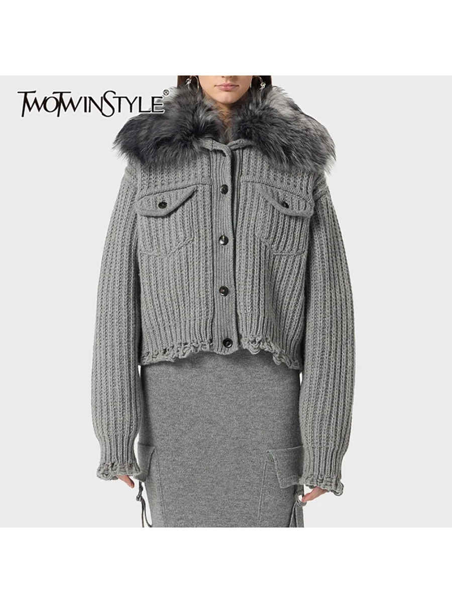 

TWOTWINSTYLE Solid Loose Spliced Pockets Fashion Cardigans for Women Fur Collar Long Sleeves Patchwork Frayed Cardigan Female