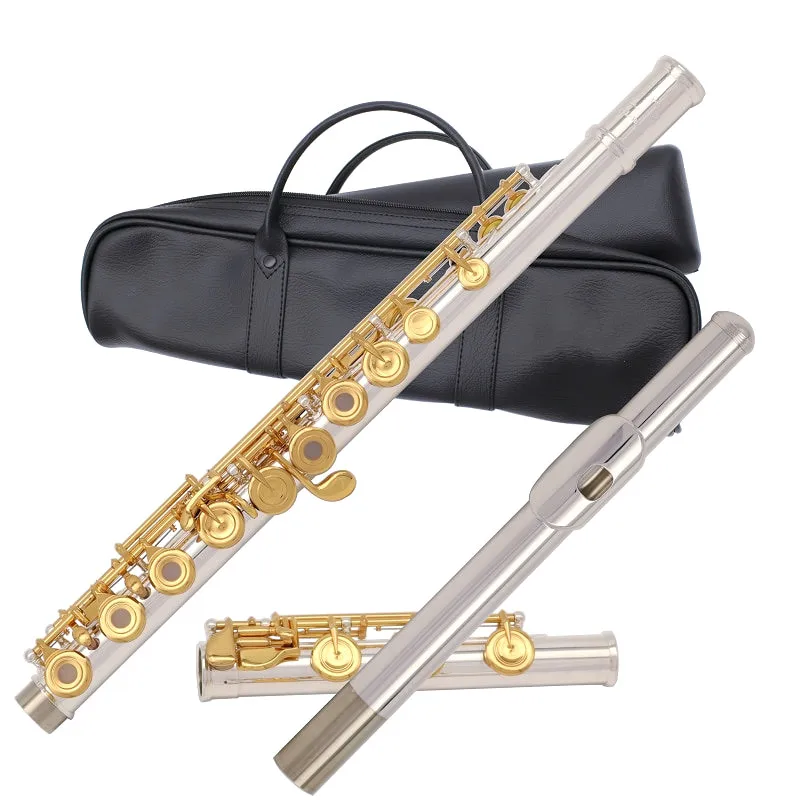 New AOQI C Tune Flute 17 Open Holes Silver body Gold Keys Musical Instruments With Accessories Free Shipping