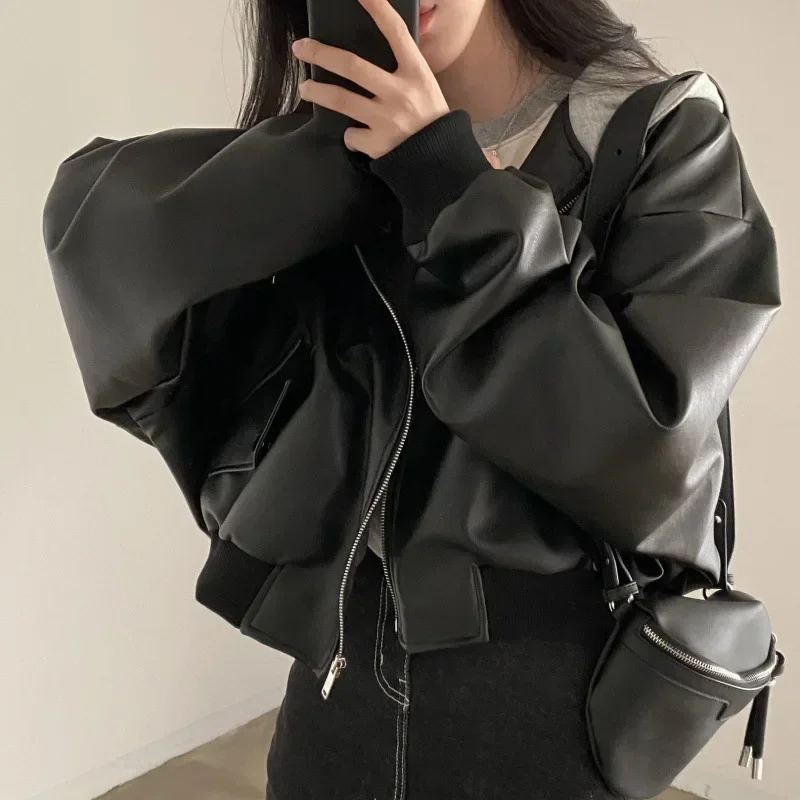 Fashion Hooded Women Bomber Jacket Chic Korean Style Loose Faux Leather Jacket Women Spring Autumn Motorcyle Coat Outwear