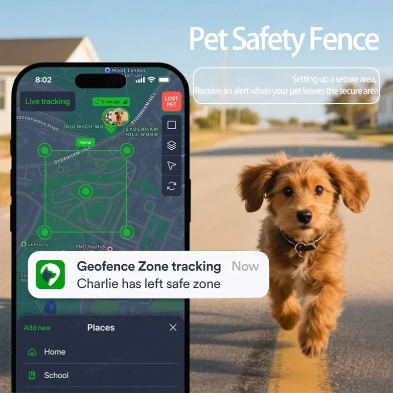 ミニトラッキングペット用Bluetooth GPSトラッカー、犬の動きアラート首輪、猫と子犬用の紛失防止トラッカー、リモートグローバルロケーター