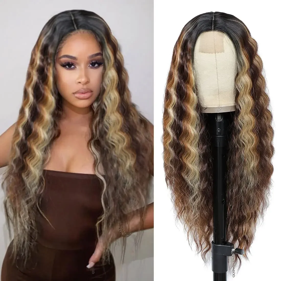 

Synthetic Hot Sale Curly Wigs U Part Brown With Blonde Highlights Wig Deep Wave Wig Long Wavy Lace Front For Women