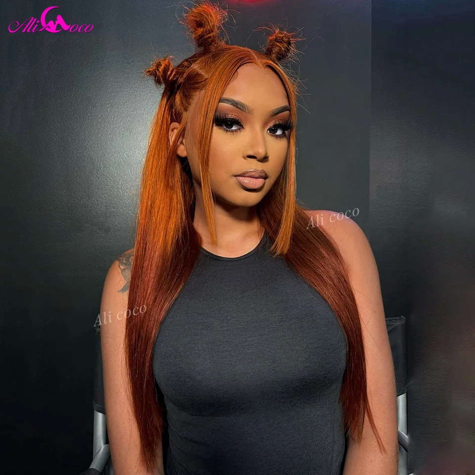 

180 Density Ginger Brown Orange Colored Straight 13X4 Lace Frontal Wig Human Hair Wigs Pre Plucked With Baby Hair for Women