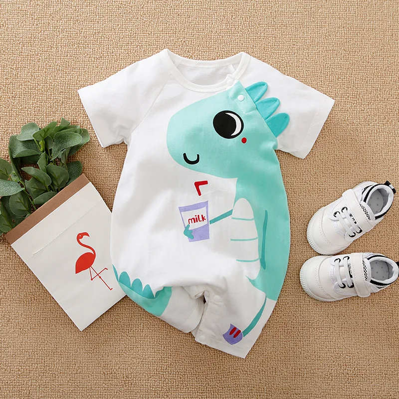 Newborn Clothes Cute Cartoon 3d Dinosaur Cotton Comfortable And Soft Summer Boys And Girls 0-18 Short Sleeved Baby Jumpsuit