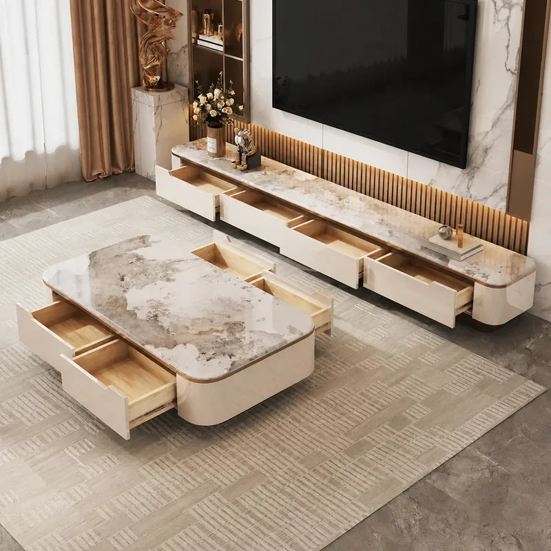 Solid Wood Coffee Table TV Cabinet Modern Simple Light Luxury Living Room Marble TV Stand Apartment Floor Storage Cabinet