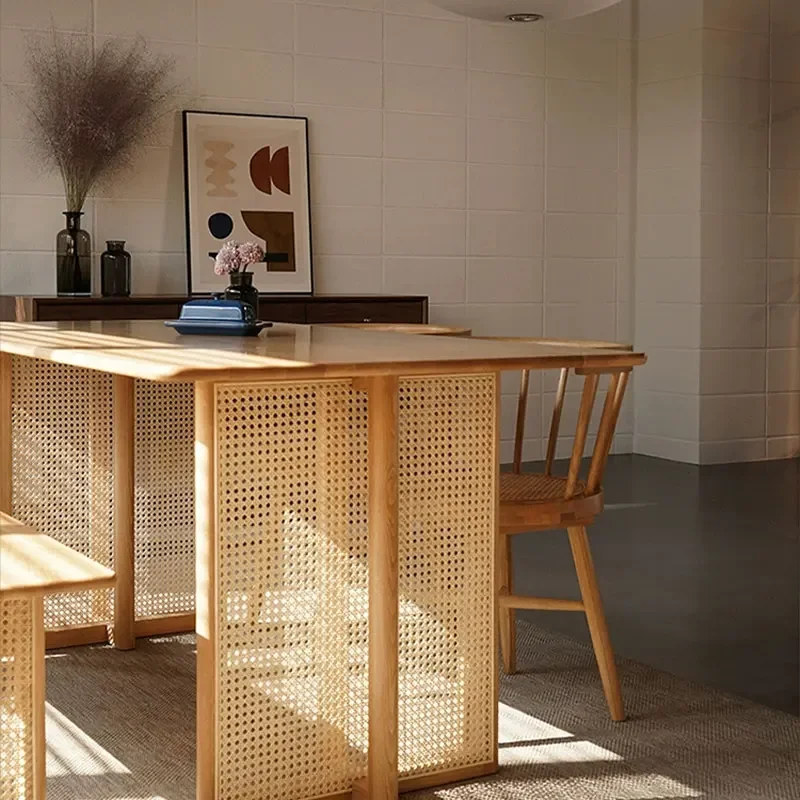 

l Nordic Furniture Rectangular Dining Table Set Wood Oak Solid Wood Rattan Dinner Table And Chairs For Home