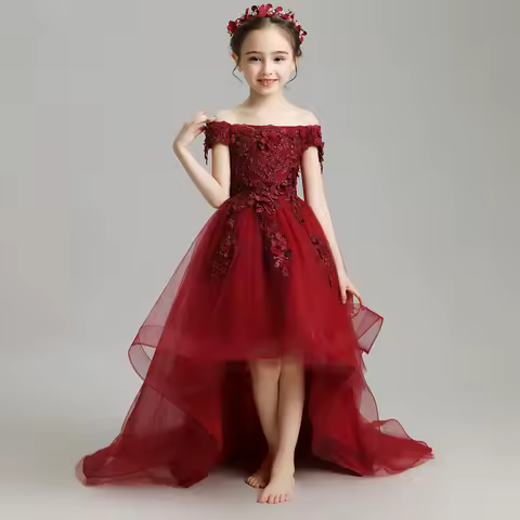 Children's Evening Dress Princess Dress Puffy Tulle Girl Wedding Dress with Train Kids Flower Girl Model Show Piano Performance