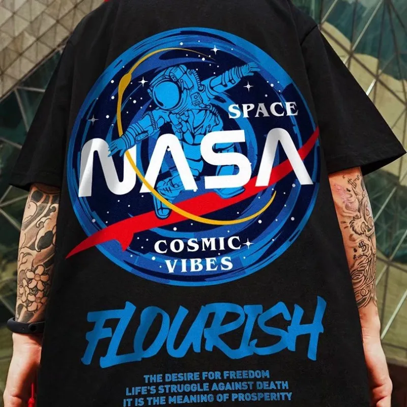 8XL Men Oversized Fashion American Vintage Astronaut NASA pattern Print Short Sleeve Round Neck Versatile Trend Couple outfit image 2