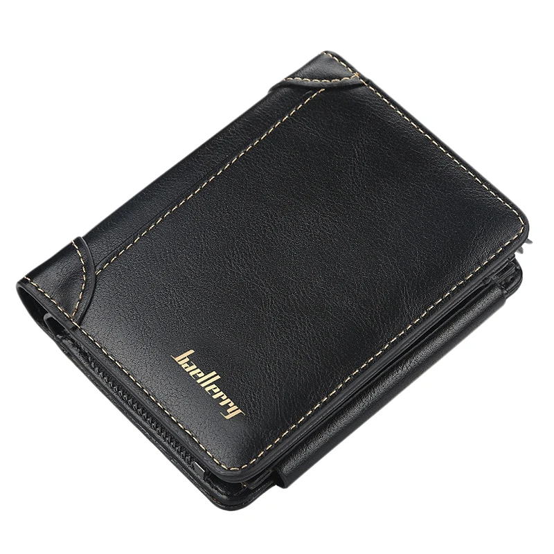 Baellerry Short Men Wallets 11 Card Holders Zipper Men Leather Purse Solid Coin Pocket Male Purse Black