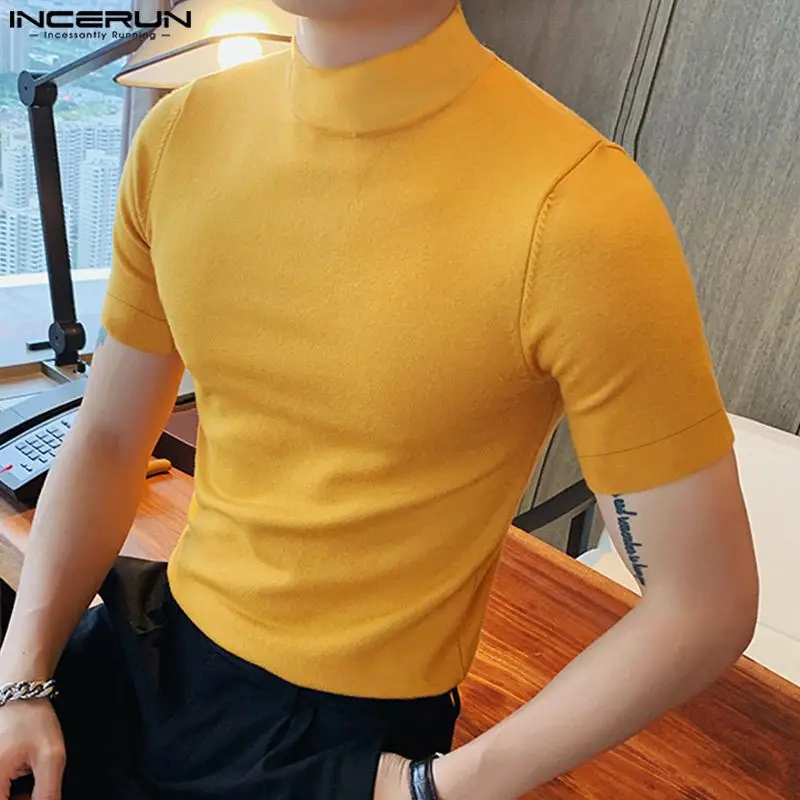 INCERUN Tops 2024 Korean Style New Men Small High Necked Tight Fitting T-shirts Casual Street Solid Short Sleeved Camiseta S-5XL