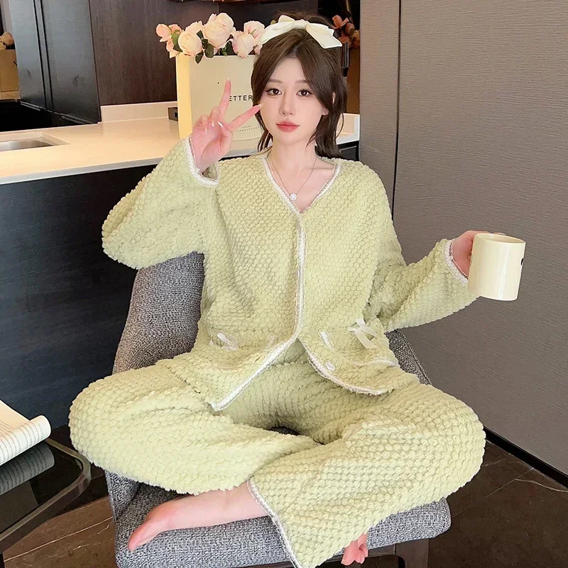 Winter V-neck Pajama Sets Women Warm Flannel Sleepwear Casual Panelled Girlish Ulzzang All-match Home Chic Daily Pijama Mujer