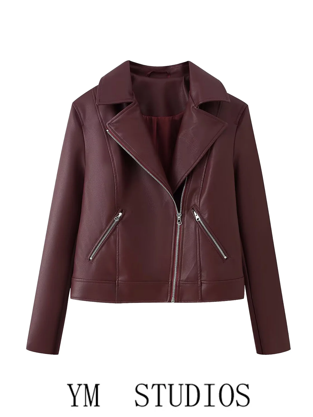 Women's Retro Motorcycle Style Zipper Collar Leather Jacket Short Autumn Open Cardigan Outerwear Versatile Fashionable