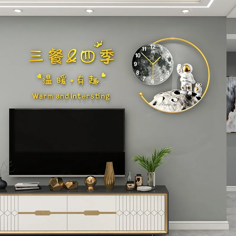 Astronaut Moon Landing Wall Clock Light Luxury Living Room Hanging Clock Modern Design Cartoon Kids Room Decoration Wall Watch