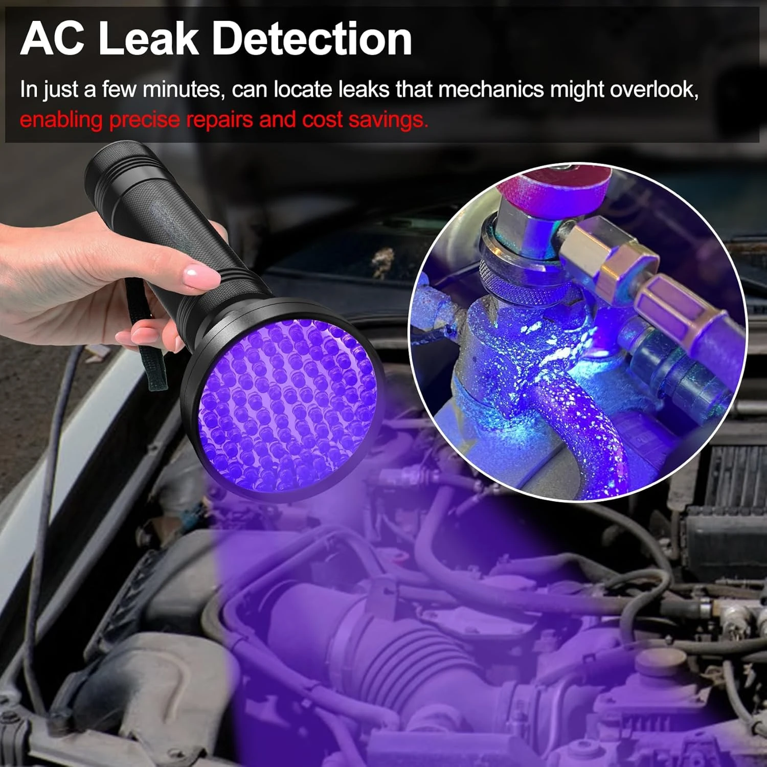 Air Conditioner Leak Detection  100 LED Car AC UV Dye Leak Detector  with Protective Glasses - Automotive Professional Tool