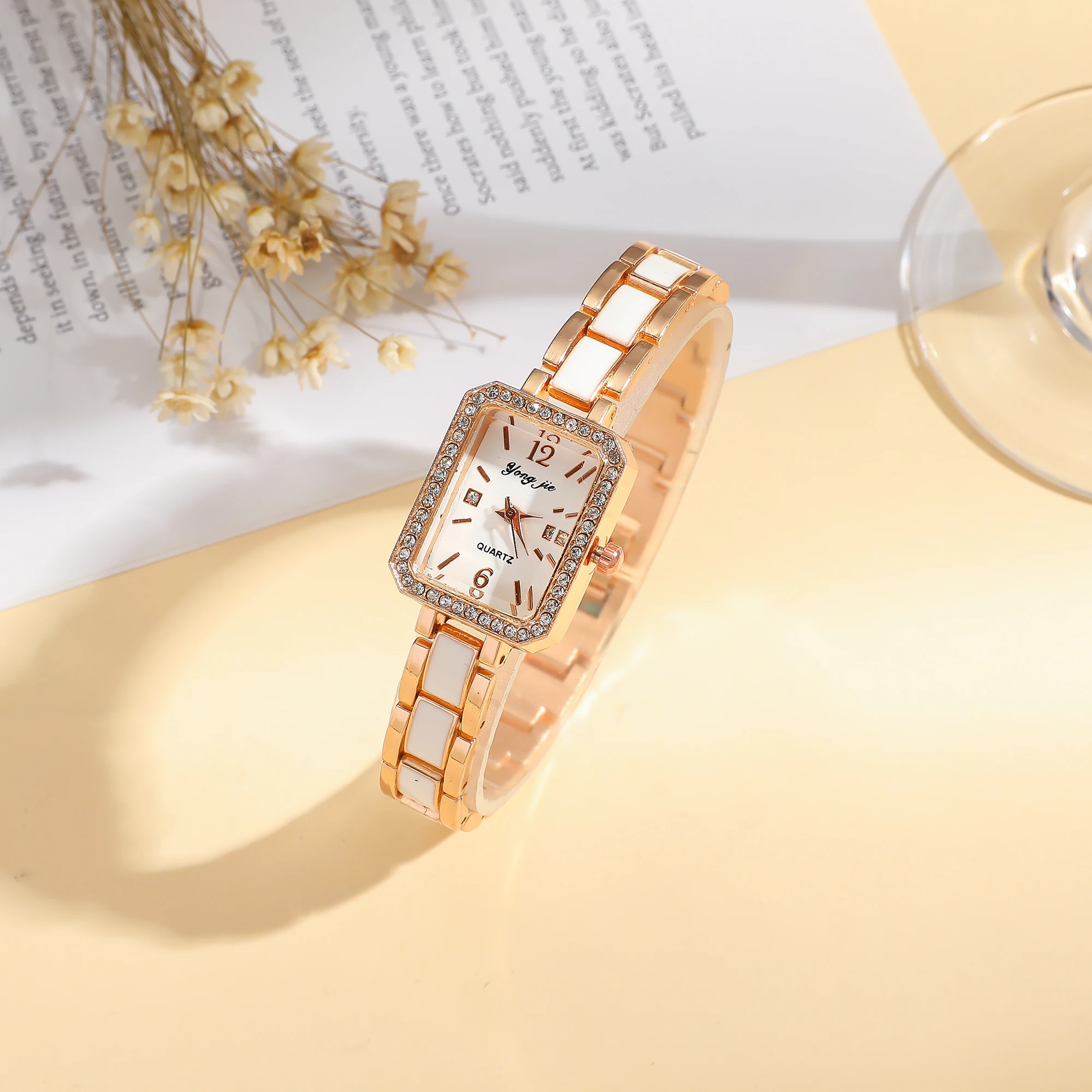 

Роскошные женские часы из розового золота с бриллиантами, квадратный корпус, белый перламутровый циферблат, керамический стальной браслет, кварцевые наручные часы с блестящими элементами, Perf