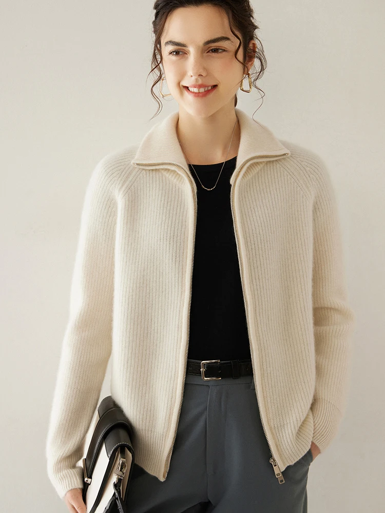 

Thick Women's Elegant Zippered 100% Cashmere Sweater Polo Collar Cardigan Warm Soft Comfortable Casual Loose Clothing Tops