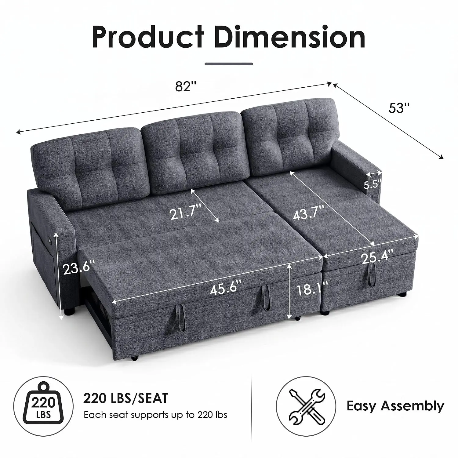 L Shaped Sleeper Sofa With USB, 3-Seater Pull Out Bed With Storage Chaise, Reversible Convertible Sofa For Living , Customized