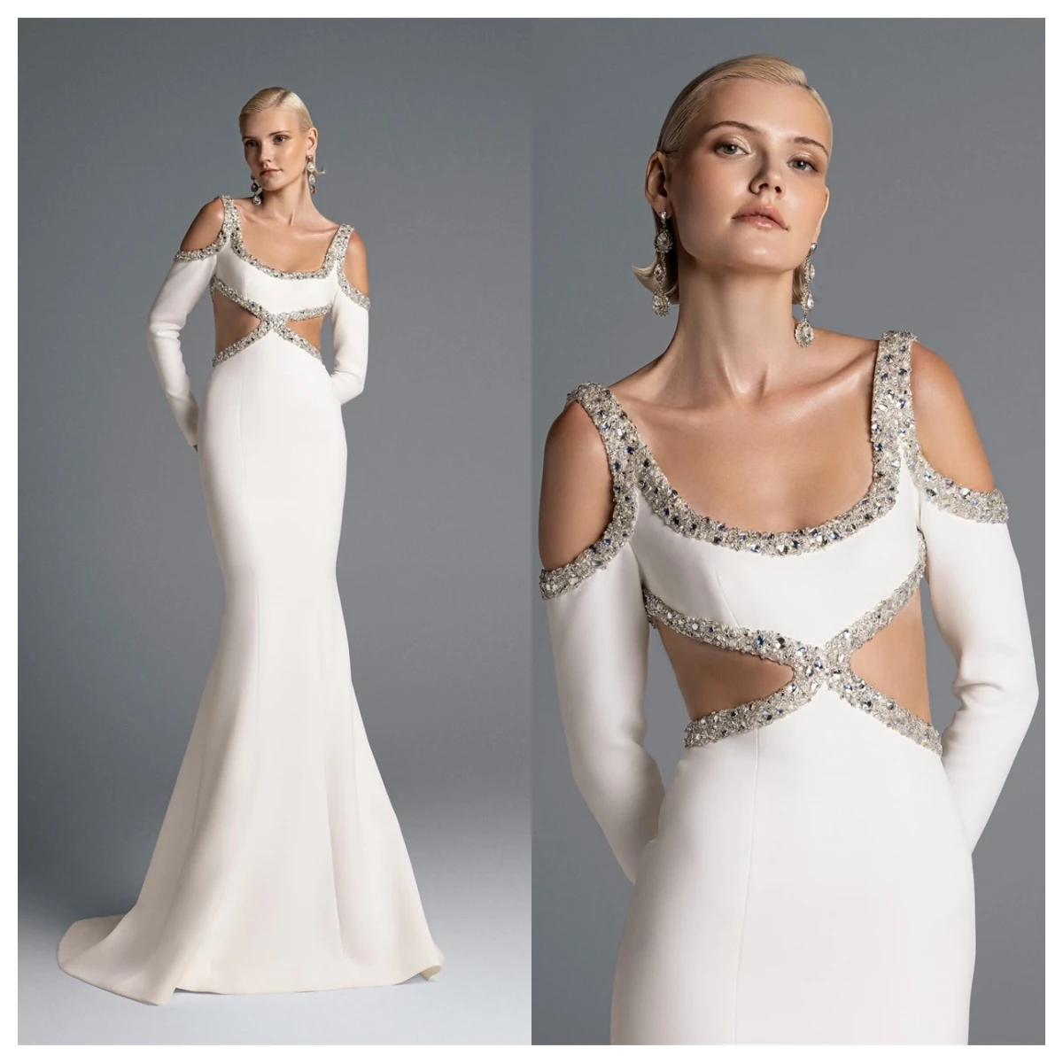 Robe de soirée en Jersey blanc délicat, personnalisée, col carré, bretelles Spaghetti, manches longues, robes de célébrité sirène, cri