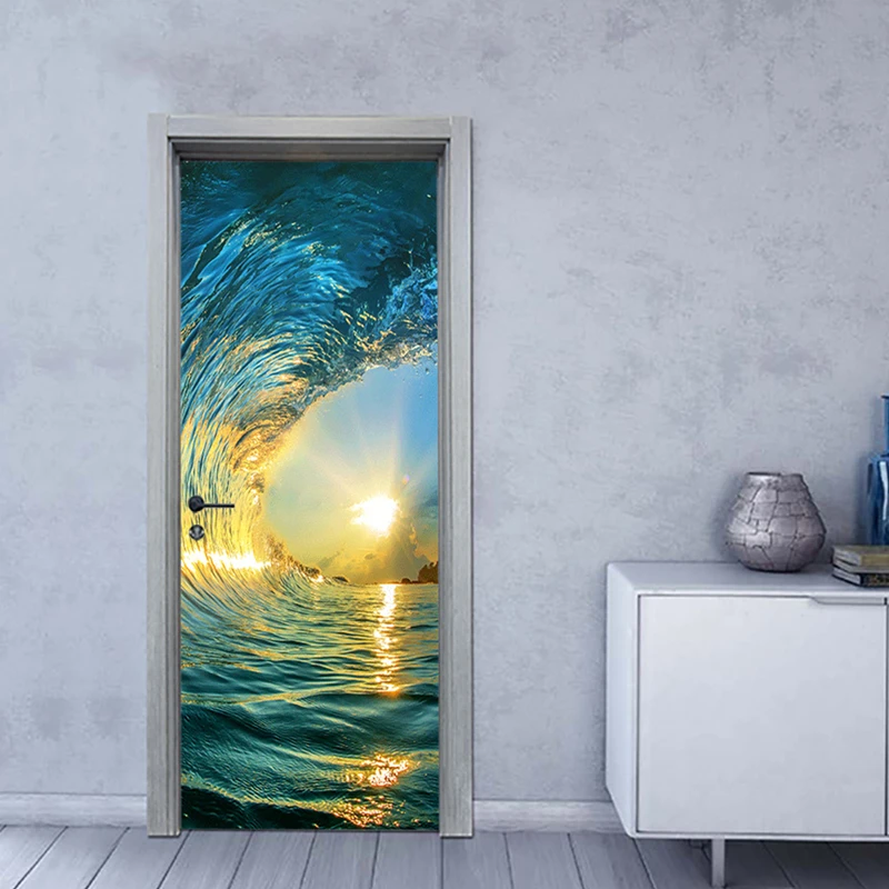 Multiple Styles of Sea View Door Sticker for Home Decoration Aesthetic Room Walls Art Big Waves Sunrise PVC Mural on the Fridge