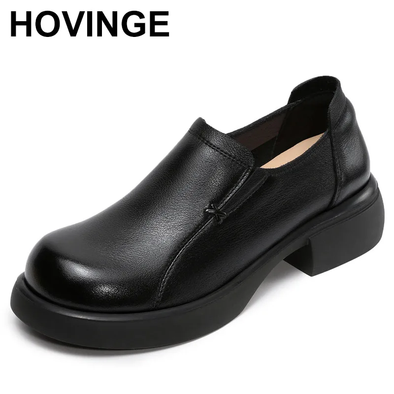 

Genuine Leather Simple Round Toe Women's Mid Heel Shoes Autumn New Vintage Soft Sole Versatile Slip-on Shoes