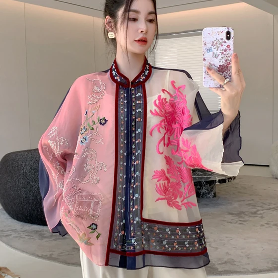

Exquisite Embroidered Silk European Organza Shirt Jacket Heavy Work Handmade Beads Countess Women's Art Collection