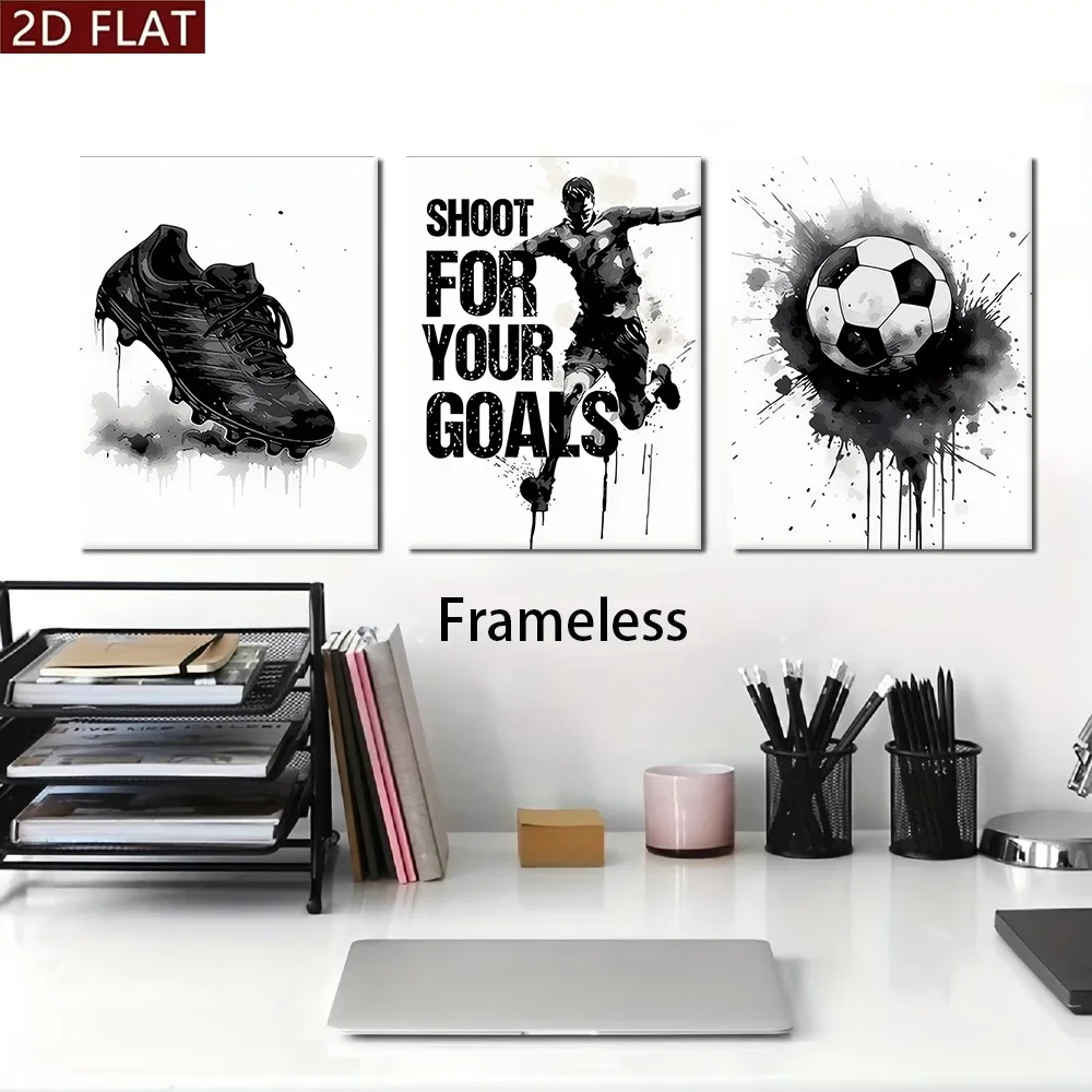 3PCS Large-sized frameless canvas paintings,1 set of black and white ink decoration paintings with football theme, triptych pain