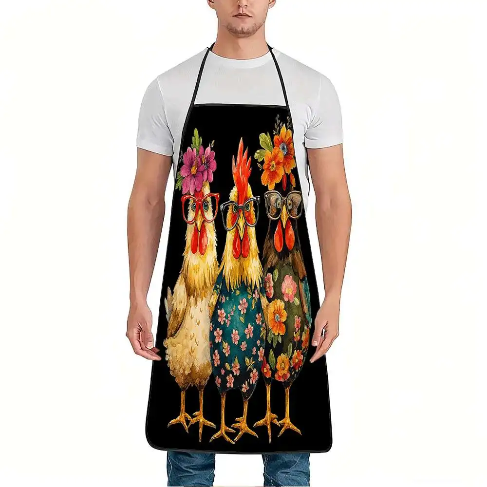 1PC Funny Chicken Floral Print Apron With Glasses Cute Hen Design Adjustable Waistband Durable Easy  Kitchen Cooking