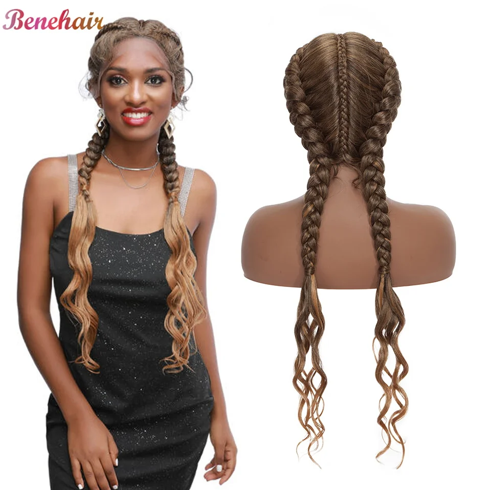 Benehair 26'' Long Synthetic Wig Braids Lace Front Wig With African Braid Lace Frontal Cornrow Braid Afro Wig with Baby Hair