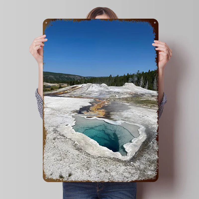 Geothermal Pool in Yellowstone National Park Metal Poster Custom Wall Art Retro Vintage Tinplate Signs for Man Cave Coffee Bar