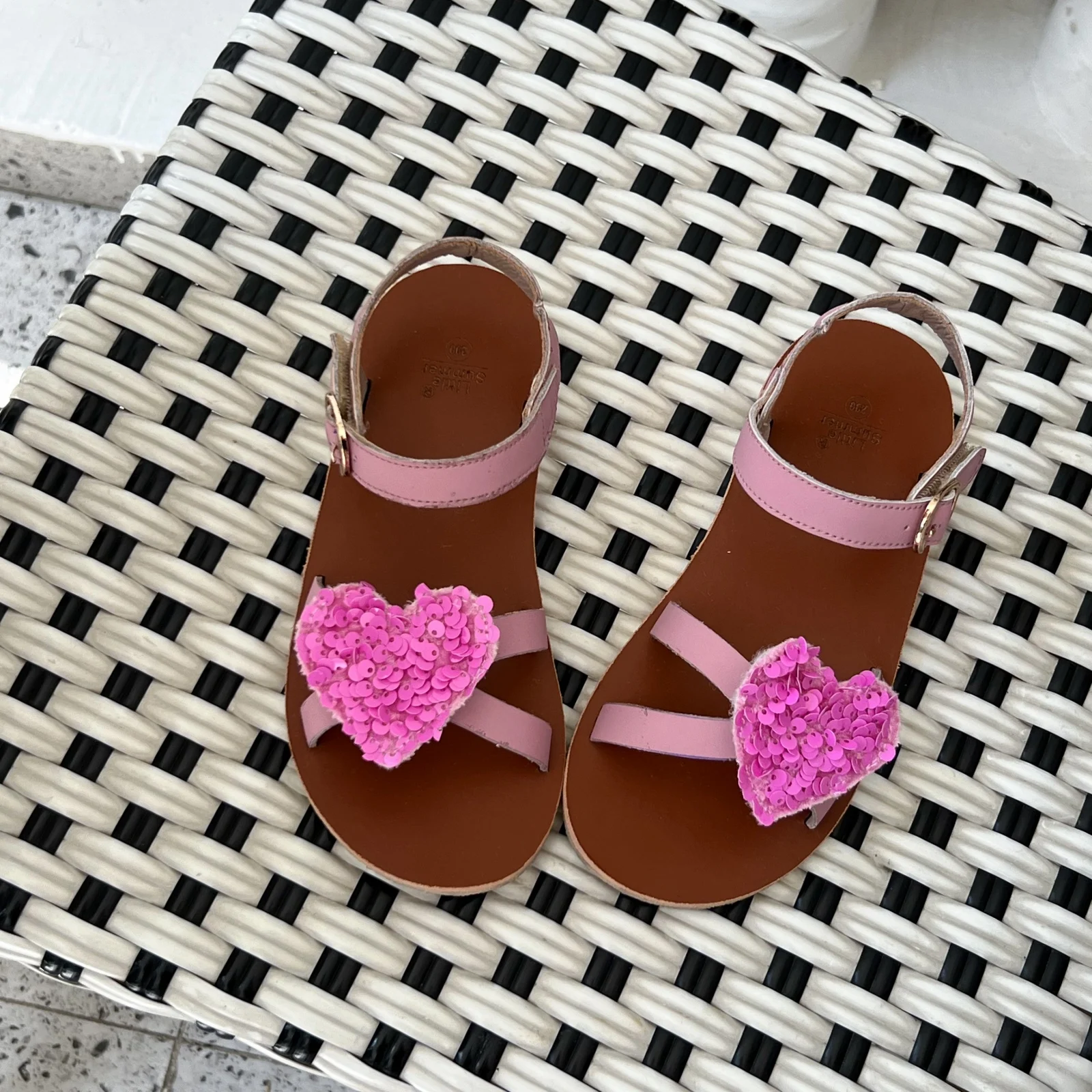 Cow Leather Girl\'s Beach Sandals Summer Fashion Replaceable Sequins Children\'s Flats Shoes Genuine Leather Kids Ballet Shoes