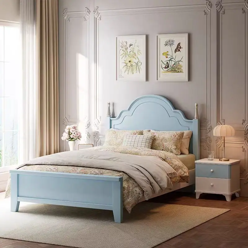 

&*Modern Blue American Style Solid Wood Bed for Two Beautiful Soft Bag Up-Holstered Wooden Beds for Boys and Girls