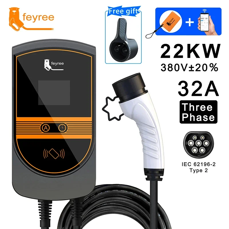 22KW 32A EVSE Wallbox Type2 Cable EV Car Charger Plug 3 Phase Charging Station for Electric Vehicle with Wifi APP Control RFID