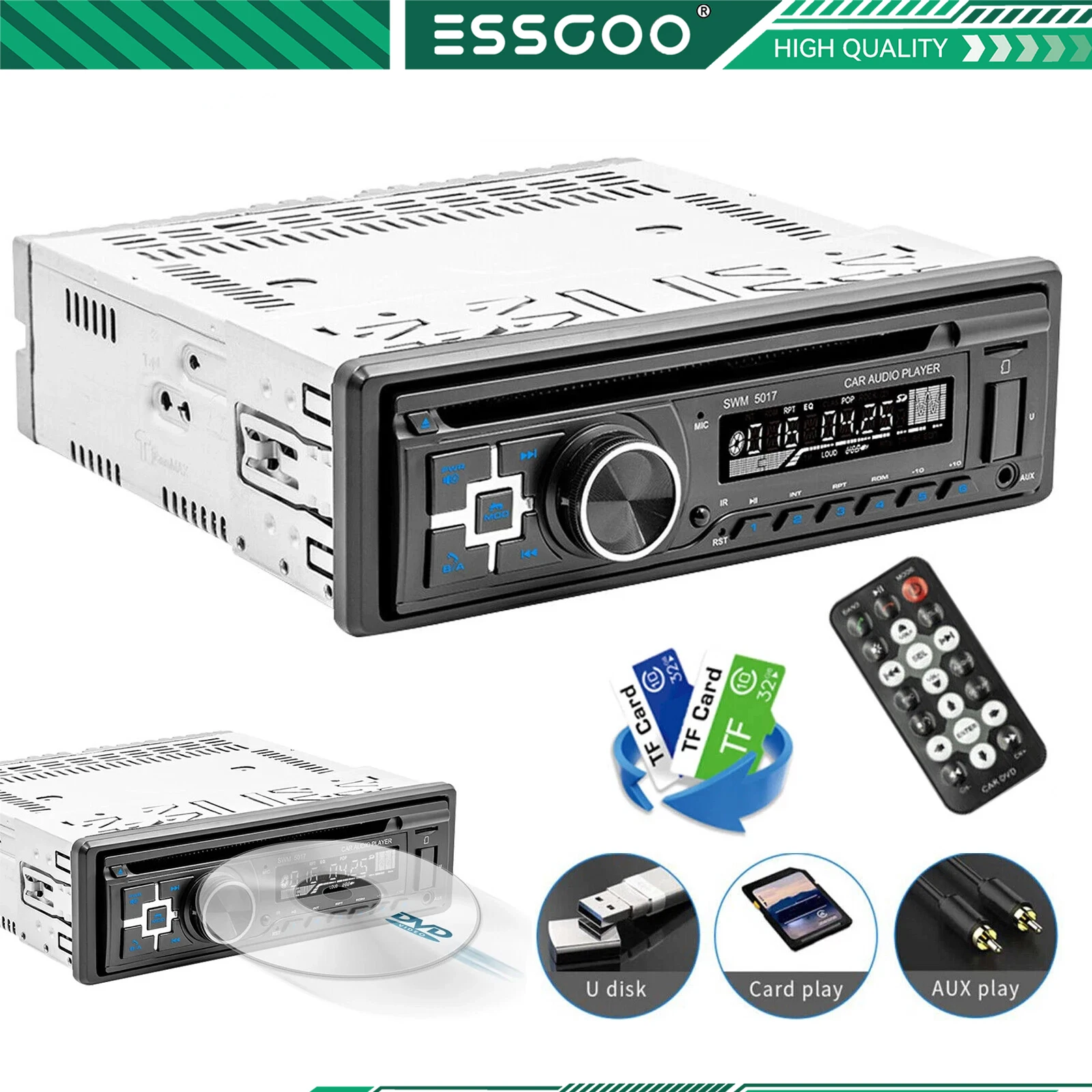 راديو سيارة ESSGOO مزود بتقنية البلوتوث وصوت ستيريو للسيارة DIN فردي، صوت سيارة مع يدوي يدعم FM/ MP3/SD/AUX/USB | قرص مضغوط/دي في دي #1